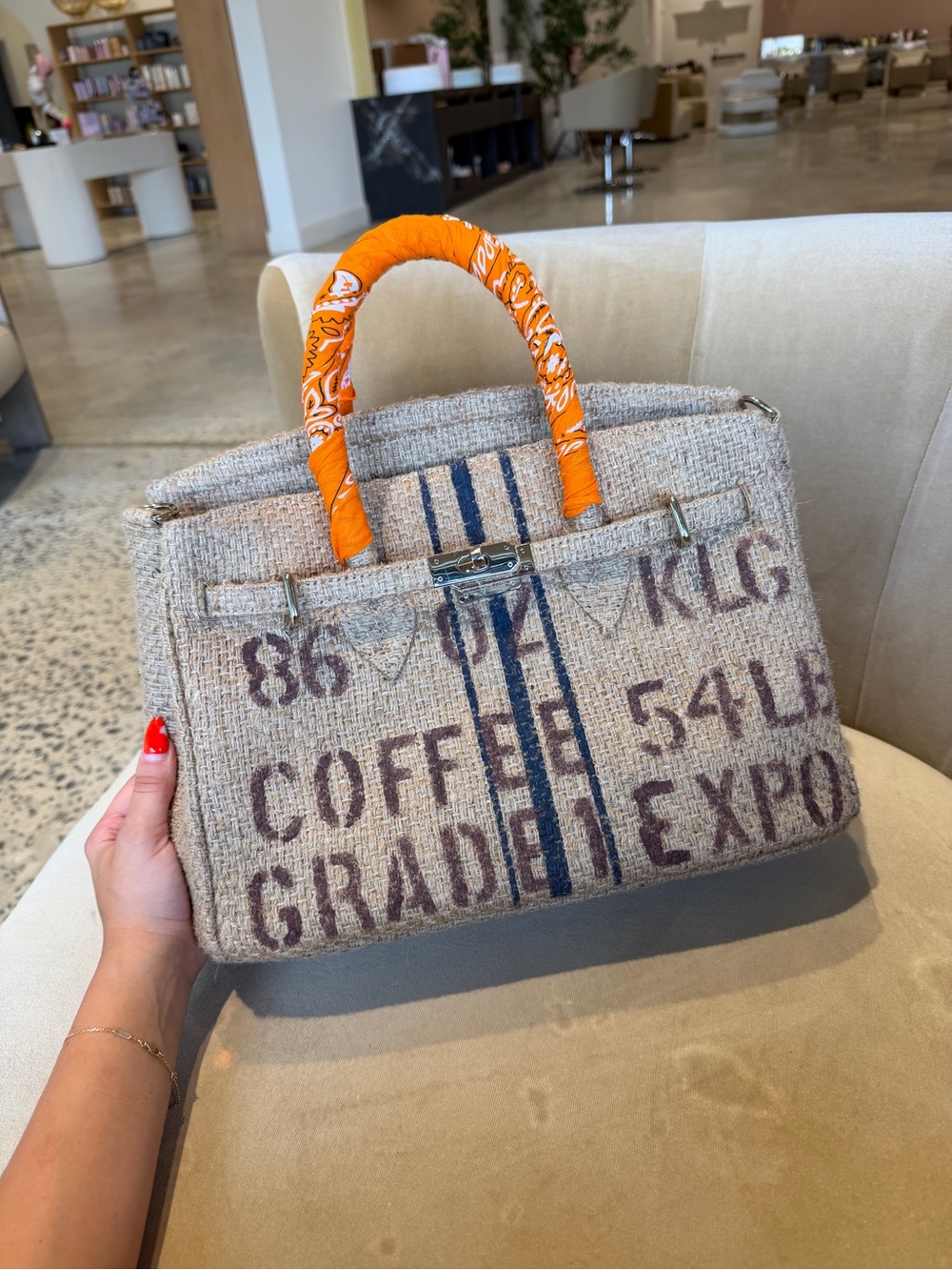 Neutral Coffee-Sack Tote Bag with Orange Handle Wrap